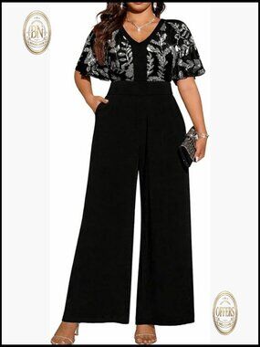 Plus Size Velvet Sequin Jumpsuit with Flutter Sleeves and Pockets